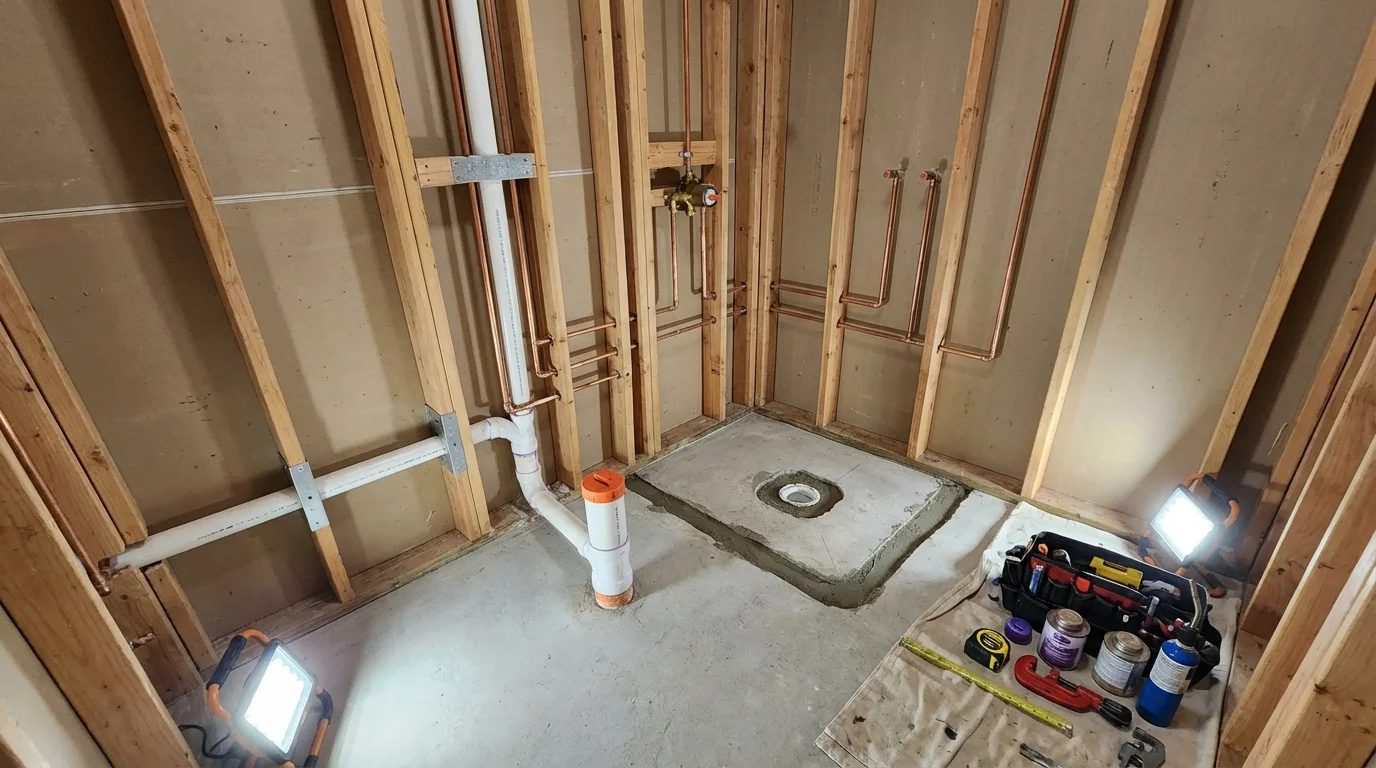 Bathroom rough-in plumbing during remodel by Johns Plumbing LLC in Lincolnshire
