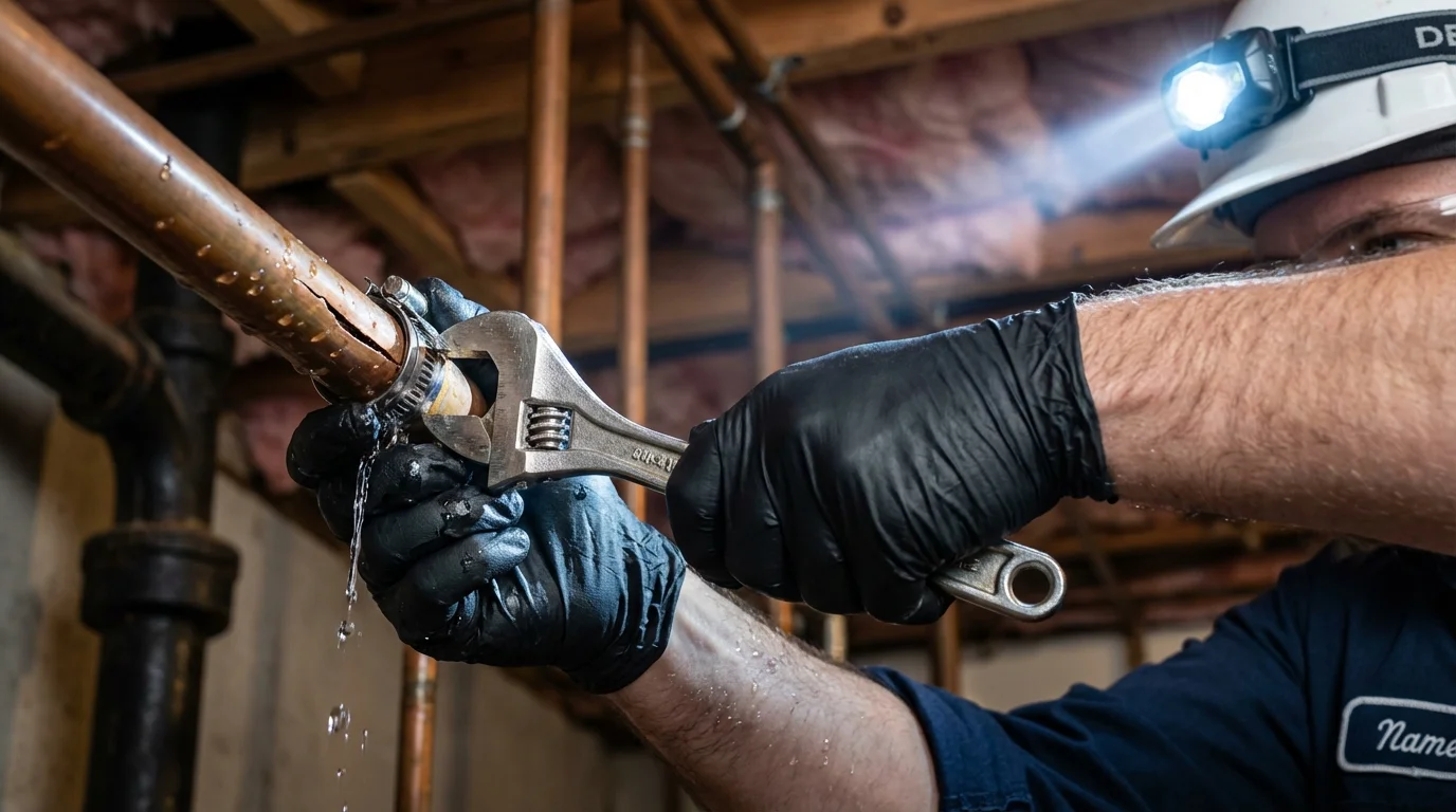 Emergency pipe clamp repair being performed by a Johns Plumbing LLC plumber in Lincolnshire