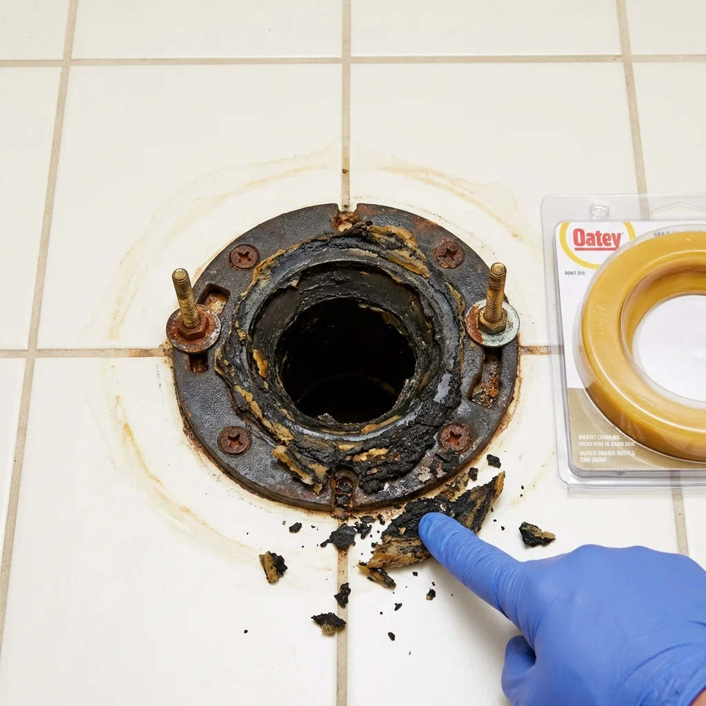Failed wax ring showing water seepage at the base of a toilet in a Lincolnshire, IL home