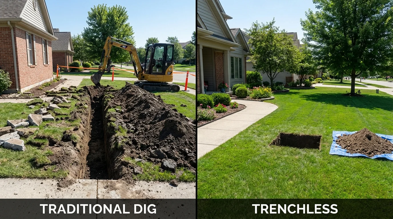 Trenchless sewer repair with minimal yard damage versus traditional excavation in Lincolnshire, IL