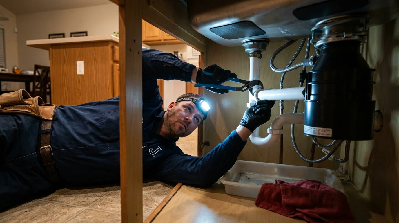 P-trap and supply line connections under a kitchen sink showing a common leak point in Lincolnshire, IL